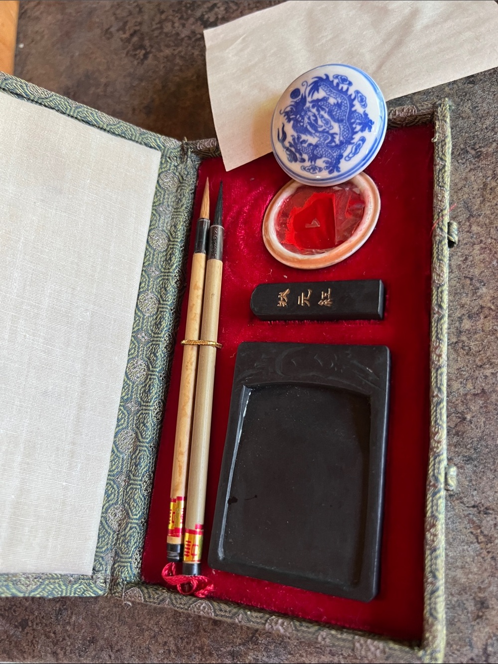 Chinese Calligraphy Brush Set with Ink Stone and Seal
